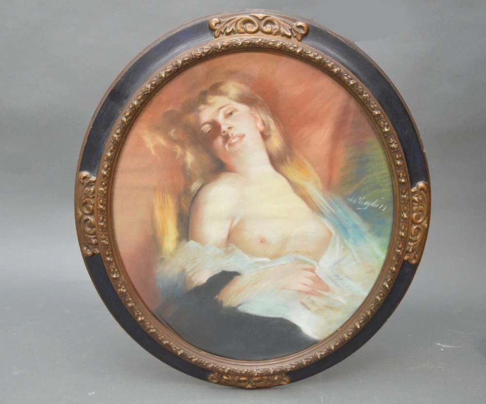 Charles Joshua Chaplin - Il ritratto di una giovane donna a petto nudo in vesti diafane appoggiata su uno sfondo di velluto arancione bruciato